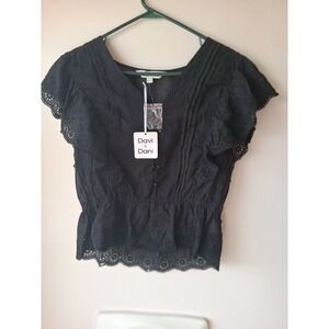 Davi & Dani Black Eyelet Lace Flutter Sleeve Peplum Top Size L